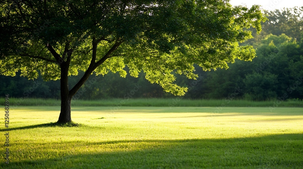 Sunlit Tree Casting Shadows on a Lush Green Meadow : Generative AI Sunlit Tree Casting Shadows on a Lush Green Meadow : Generative AI