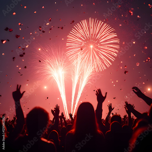 Night Sky Spectacle: Silhouetted crowd against vibrant fireworks exploding in the night sky, showering crimson and gold sparks. Petals rain down, adding to the celebratory atmosphere.