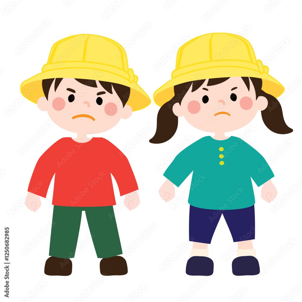 不機嫌そうに抗議している黄色い帽子のこどもたちのベクターイラスト(男女) 不機嫌そうに抗議している黄色い帽子のこどもたちのベクターイラスト(男女)