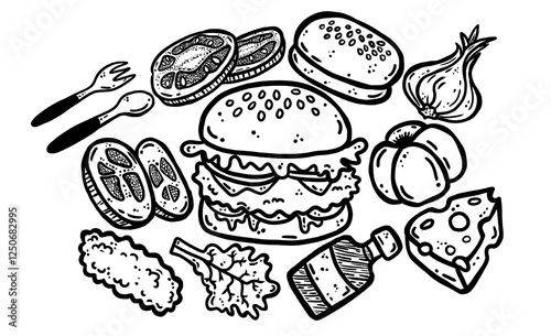 Burger ingredients. Hand drawn vector with burger, sesame bun, cheese, tomato, sauce, meat, lettuce, onion, spoon, fork. Black and white illustration.