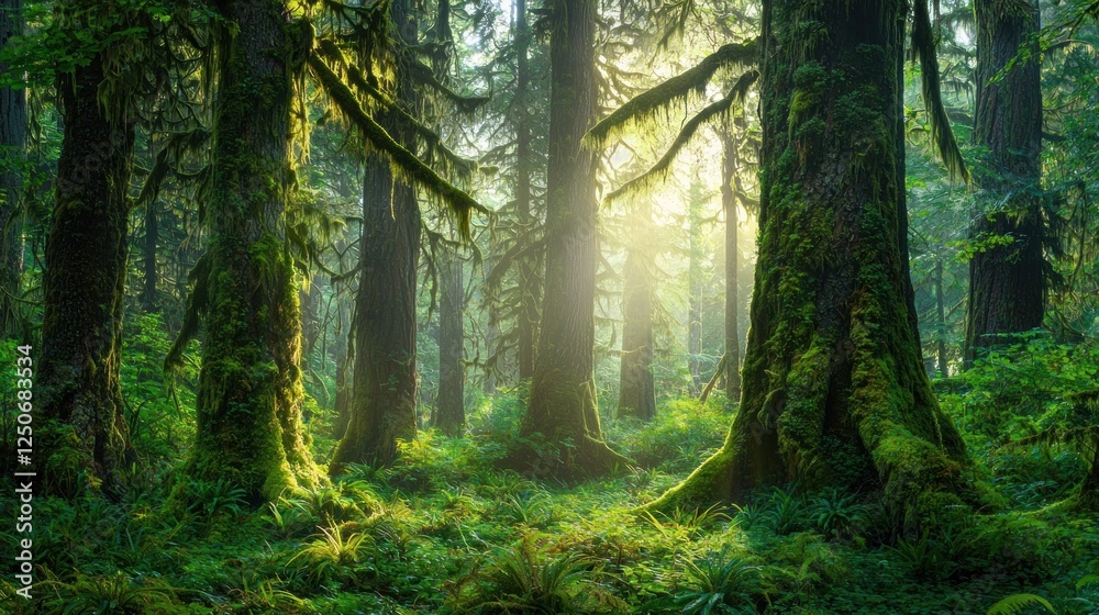 Obraz premium Sunlit Mossy Forest: An Enchanting Pacific Northwest Scene