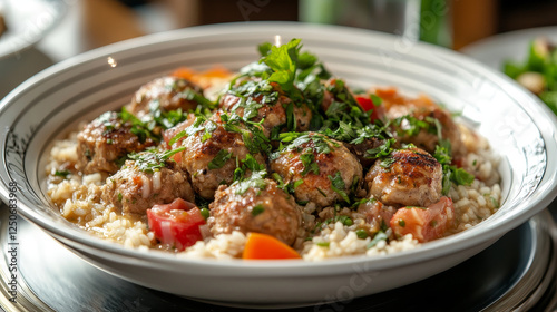 Turkish cuisine icon with chicken pilaf, rice soup with mint, meatballs kofte, white bean salad, chicken vermicelli soup, shepherd vegetable salad, circassian chicken with walnuts, green bean salad photo