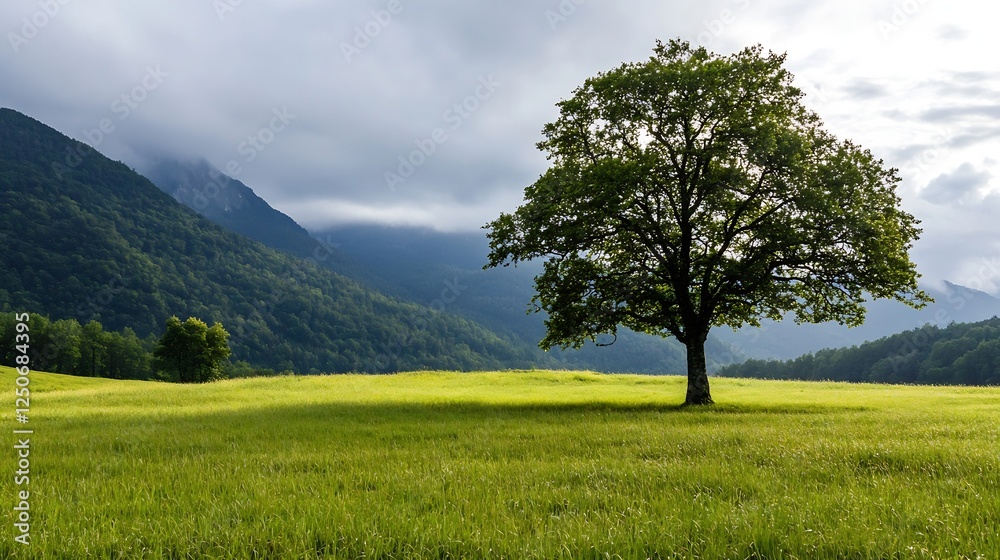 Fototapeta premium Majestic solitary tree standing tall in an expansive green field beneath a cloudy sky : Generative AI