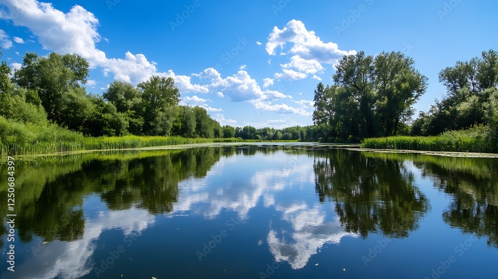 Serene natural lake reflecting blue sky and puffy white clouds surrounded by lush trees and greenery : Generative AI Serene natural lake reflecting blue sky and puffy white clouds surrounded by lush trees and greenery : Generative AI