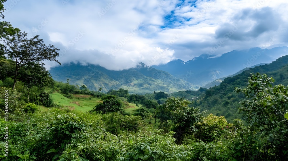 Breathtaking panoramic view of lush green mountains under a cloudy sky showcasing nature's beauty : Generative AI Breathtaking panoramic view of lush green mountains under a cloudy sky showcasing nature's beauty : Generative AI