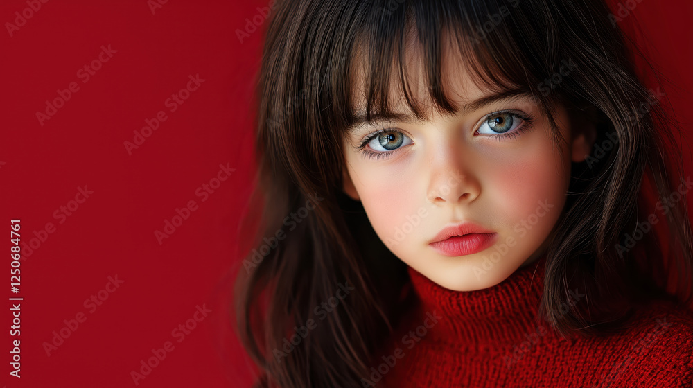 Girl in red sweater with bangs. Youth fashion and beauty content Girl in red sweater with bangs. Youth fashion and beauty content