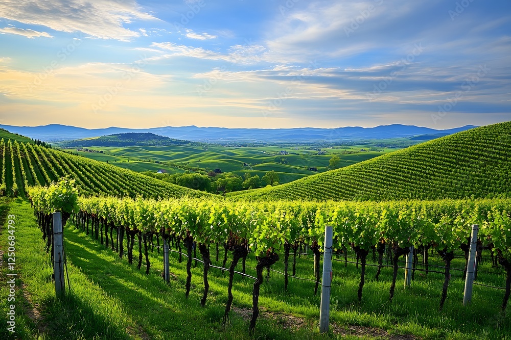 Fototapeta premium Sunlit vineyard rows, rolling hills, sunset landscape, wine region
