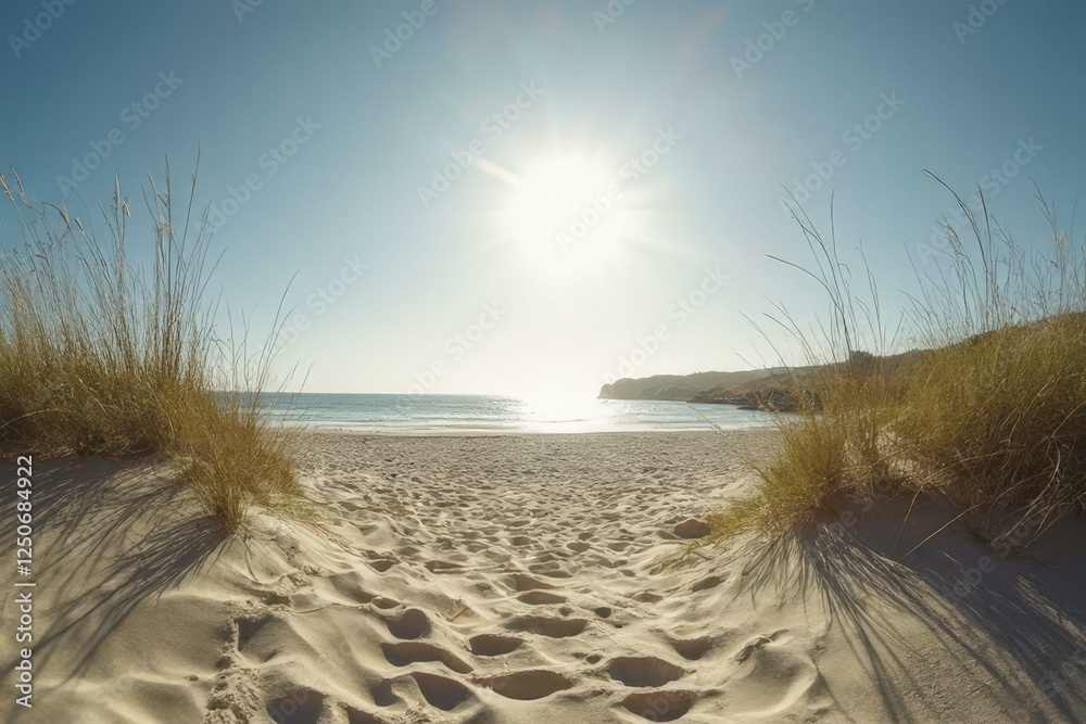 Sunlit beach at low tide with golden sand, dune grass, and calm blue sea under clear sky Sunlit beach at low tide with golden sand, dune grass, and calm blue sea under clear sky