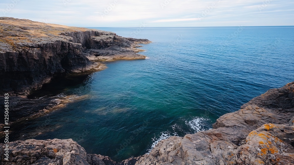 Fototapeta premium Coastal rocky shoreline with clear blue waters and gentle waves creating an idyllic natural landscape : Generative AI