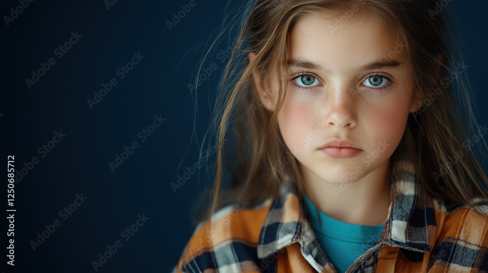 Fototapeta premium Girl in plaid shirt and turquoise tshirt on blue background. Youth fashion content