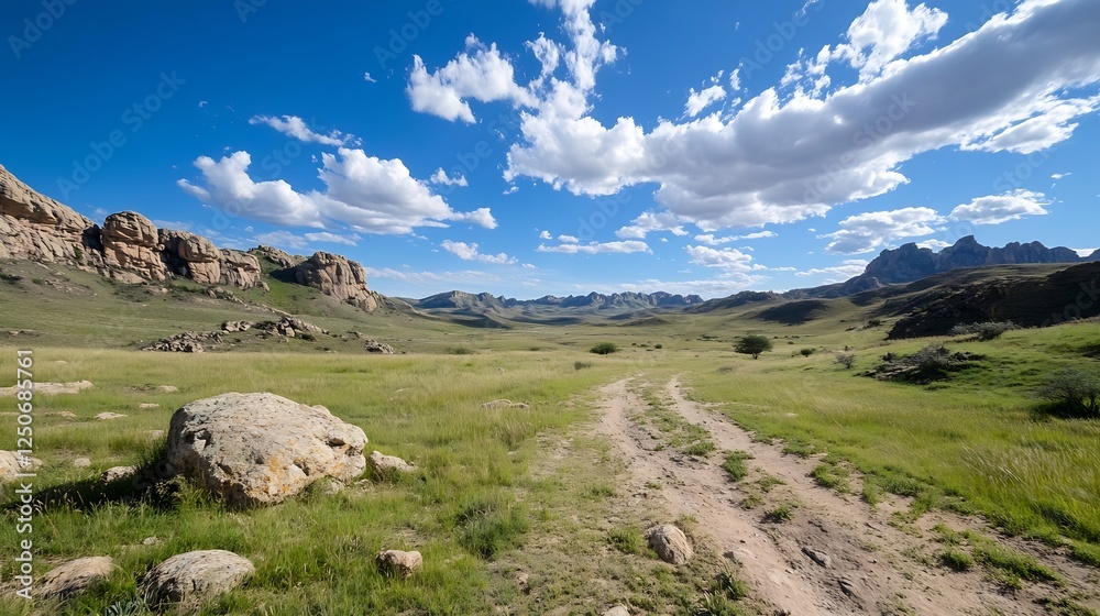Fototapeta premium Wide Open Landscape with Beautiful Rocky Mountains and Clear Blue Sky Under White Clouds : Generative AI