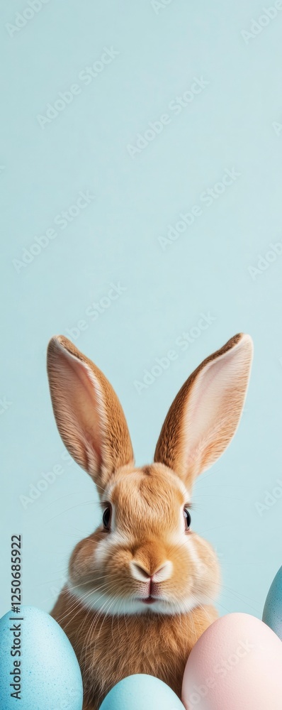 Obraz premium Pastel Easter Charm Curious Rabbit with Artisan Eggs on Soft Blue - Spring Celebration and Digital Marketing Visuals for Festive Branding