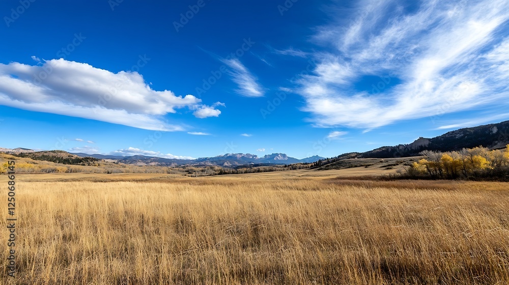 Panoramic view of a golden field under a bright blue sky capturing serene rural landscape and mountains : Generative AI Panoramic view of a golden field under a bright blue sky capturing serene rural landscape and mountains : Generative AI