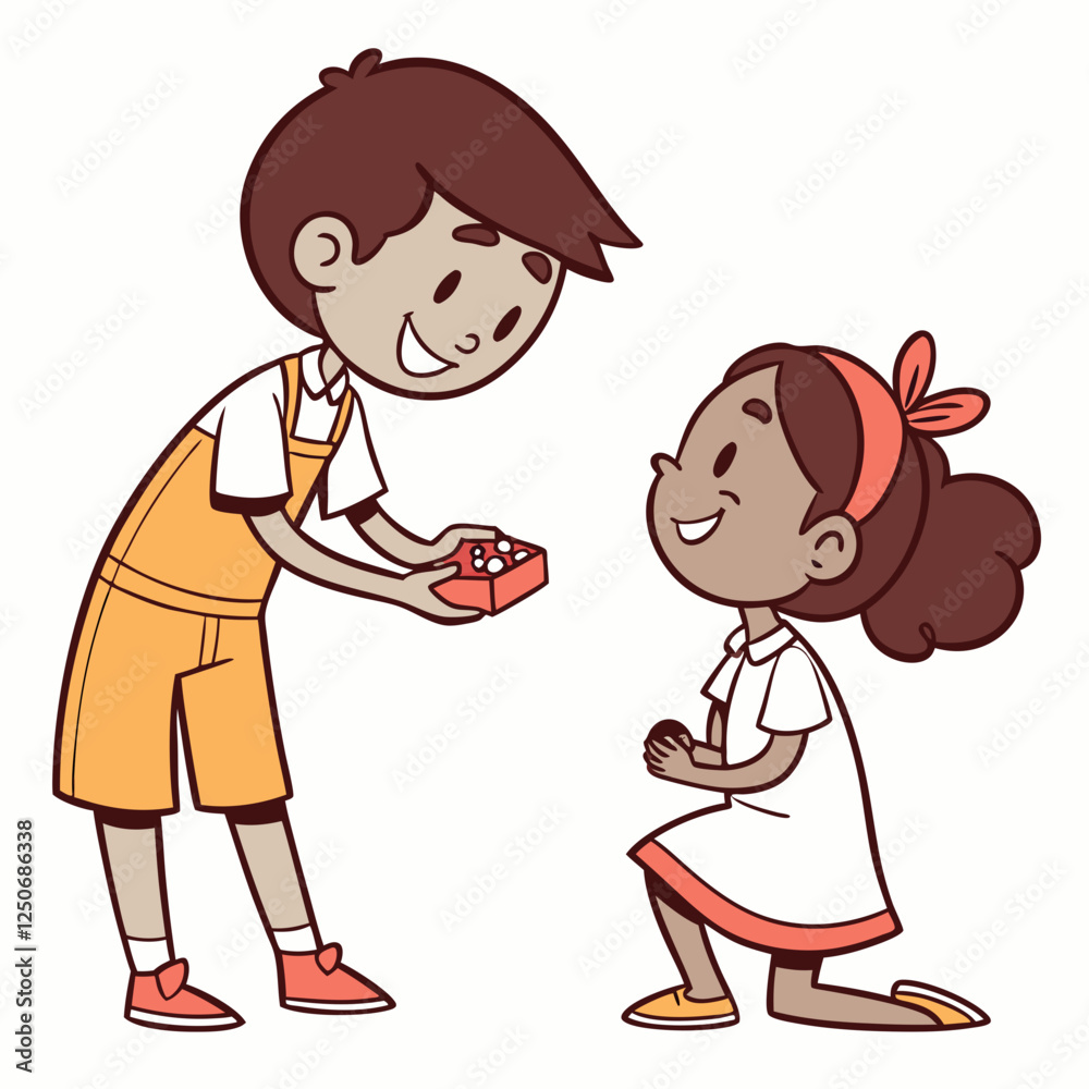 Sweet gesture: Boy offers gift to kneeling girl in charming cartoon illustration Sweet gesture: Boy offers gift to kneeling girl in charming cartoon illustration