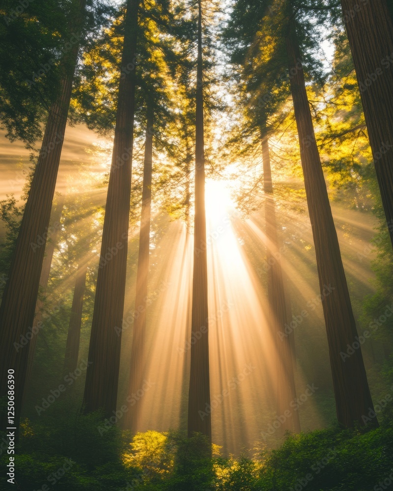 Obraz premium Earth Day Serenity Majestic Redwood Forests in Golden Mist - Eco-friendly Event Branding and Sustainable Nature Retreats for Green Tourism Experiences