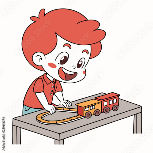 Cartoon boy joyfully plays with his toy train on a table illustration