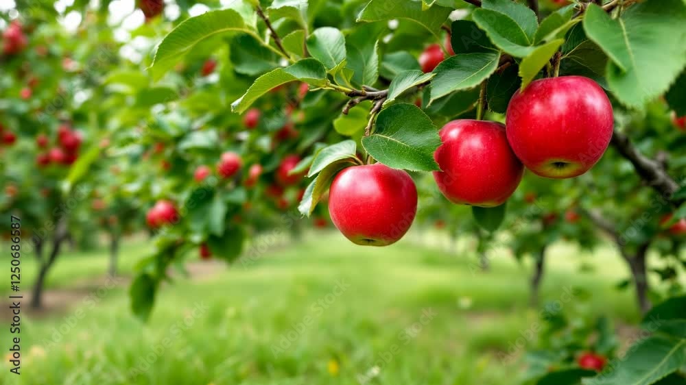 Red Apples Hanging on a Tree Branch in a Lush Green Orchard Red Apples Hanging on a Tree Branch in a Lush Green Orchard