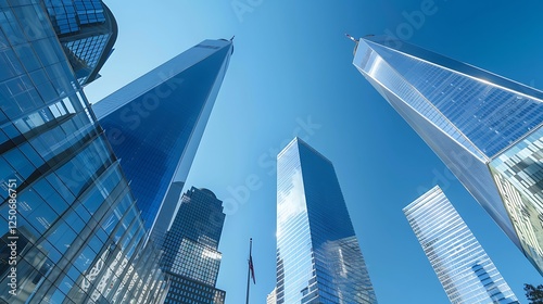 Skyscrapers Worm's Eye View Against Blue Sky in City photo