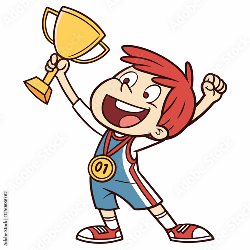 Cartoon Champion: Boy celebrates victory with trophy and winning medal