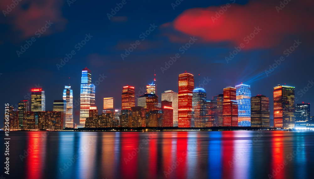 Fototapeta premium Illuminated night skyline urban cityscape photograph waterfront wide angle modern architecture