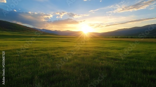 Stunning sunset over a green meadow with mountains and vibrant clouds in the distance : Generative AI