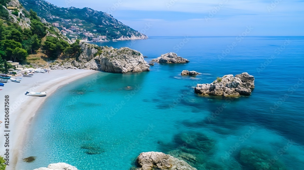 Obraz premium Stunning aerial view of a pristine beach with crystal clear waters : Generative AI