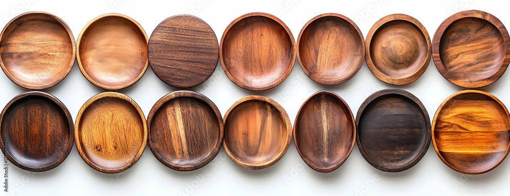 Wooden bowls arranged on white background Wooden bowls arranged on white background