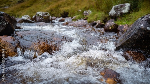 Clear flowing stream over rocky terrain surrounded by lush greenery creating serene nature vibe : Generative AI photo