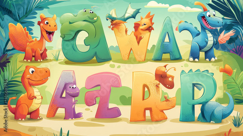 Kids dinosaurs alphabet with cartoon dino characters and eggs vector typography set. Uppercase letters with prehistoric dinosaurs, children education poster. Cute dino animals english alphabet letters photo