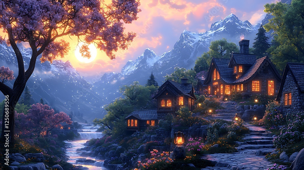 Naklejka premium Mountain Village Sunset Landscape with River and Blossoms