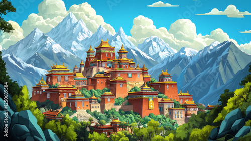 Tibetan Buddhism, vector vintage retro poster, Tibetan Buddhist landmarks and religious shrines. Tiber Buddha temple stupas of Potala Palace of and Mount Kailash
