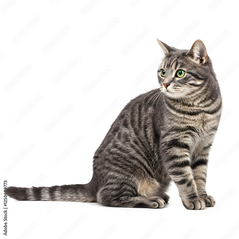 Fototapeta premium Gray Tabby Cat Sitting Isolated on White Background