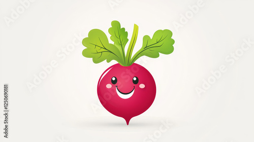Cheerful cartoon radish vegetable character with green sappy leaves and happy smile suited for healthy nutrition concept and vegetarian menu design