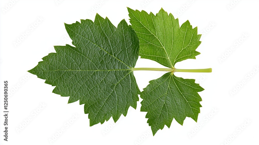 A fresh cluster of green grapes attached to a stem with leaves, Fresh Green Leaves Isolated on White Background with Detailed Textures and Vibrant Color