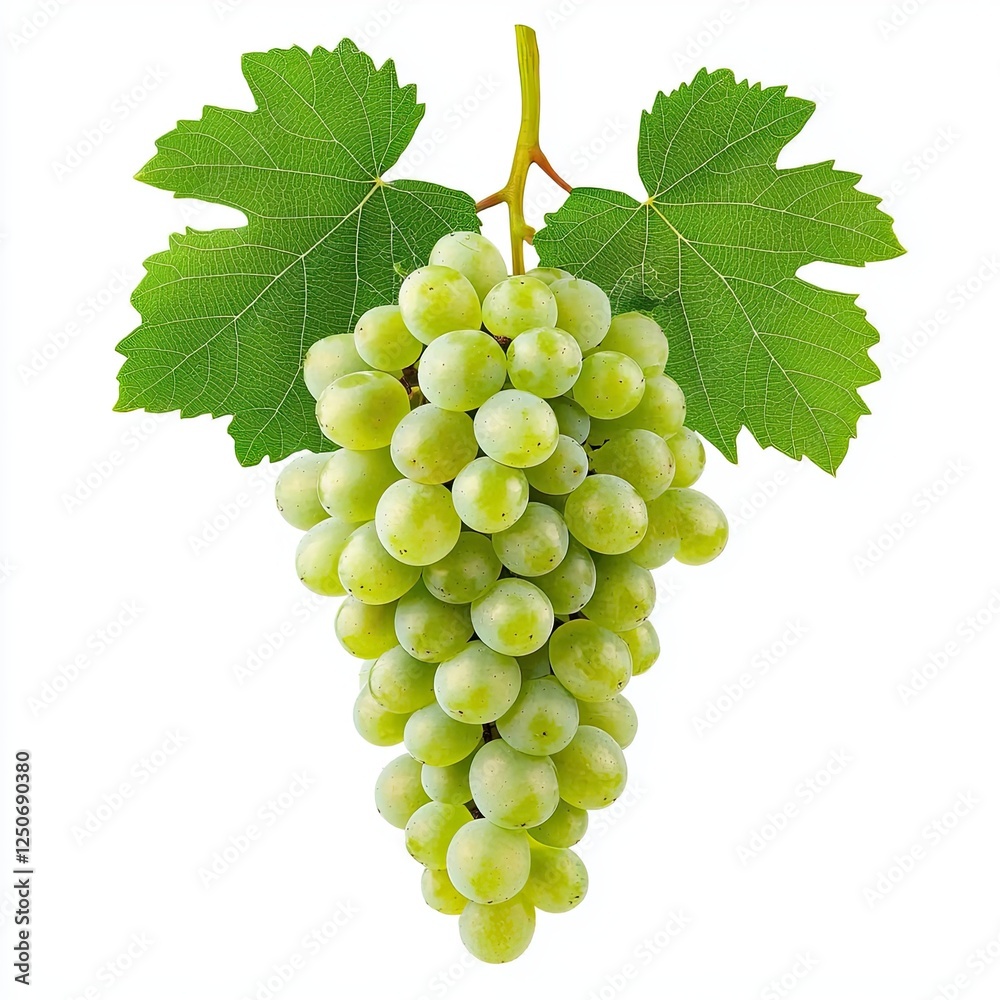 Fototapeta premium A fresh cluster of green grapes attached to a stem with leaves, Fresh Green Grapes Hanging on Vine Against Lush Green Leaves Isolated on White Background