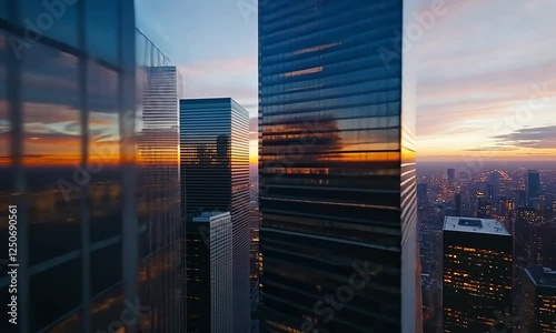 Drone Shot of a Futuristic City Skyline during Golden Hour Sunset