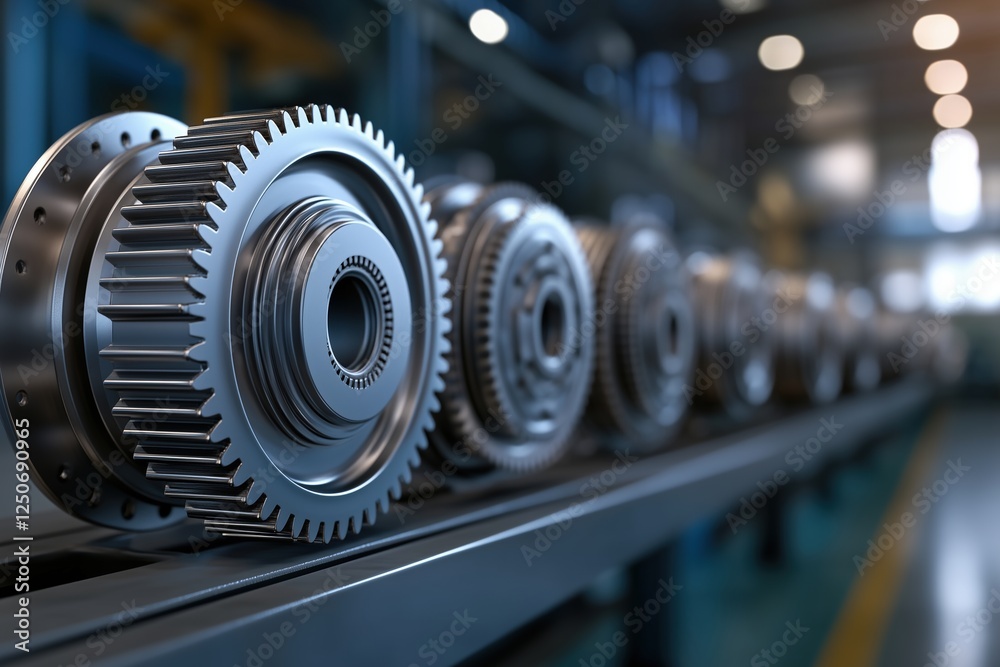 Close-up of metallic gears on an industrial assembly line. High-tech engineering and manufacturing concept