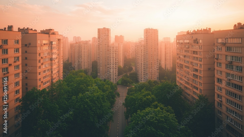 Obraz premium Sunrise Over Urban Apartment Buildings