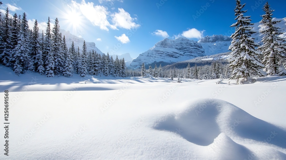 Obraz premium Stunning winter landscape with snowcovered trees and mountains under a bright blue sky : Generative AI