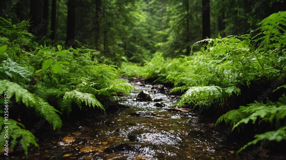 Serene Stream Flowing Through a Lush Green Forest with Ferns : Generative AI Serene Stream Flowing Through a Lush Green Forest with Ferns : Generative AI