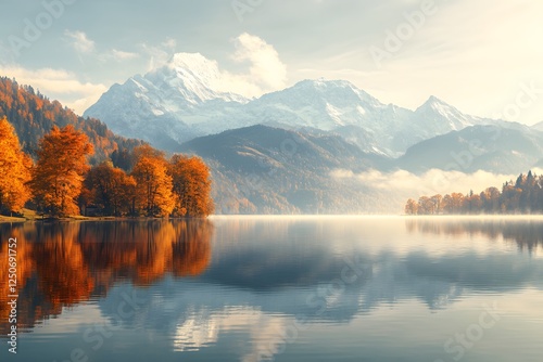Autumn lake, sunrise, mountain reflection, misty valley, calendar