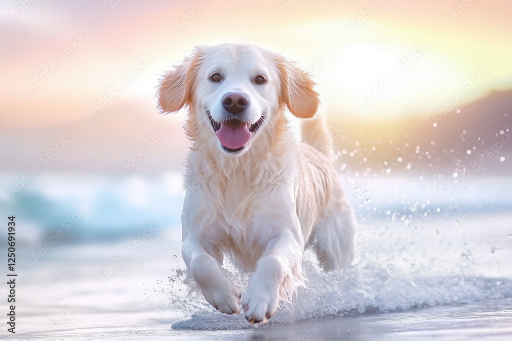 Golden retriever running through water at sunrise with waves in the background. Energetic and joyful pet photography. Golden retriever running through water at sunrise with waves in the background. Energetic and joyful pet photography.