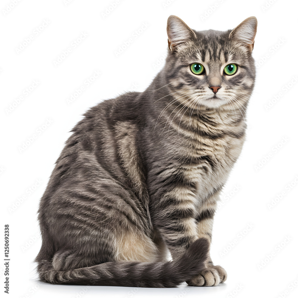 Fototapeta premium Gray Tabby Cat with Green Eyes Sitting Isolated