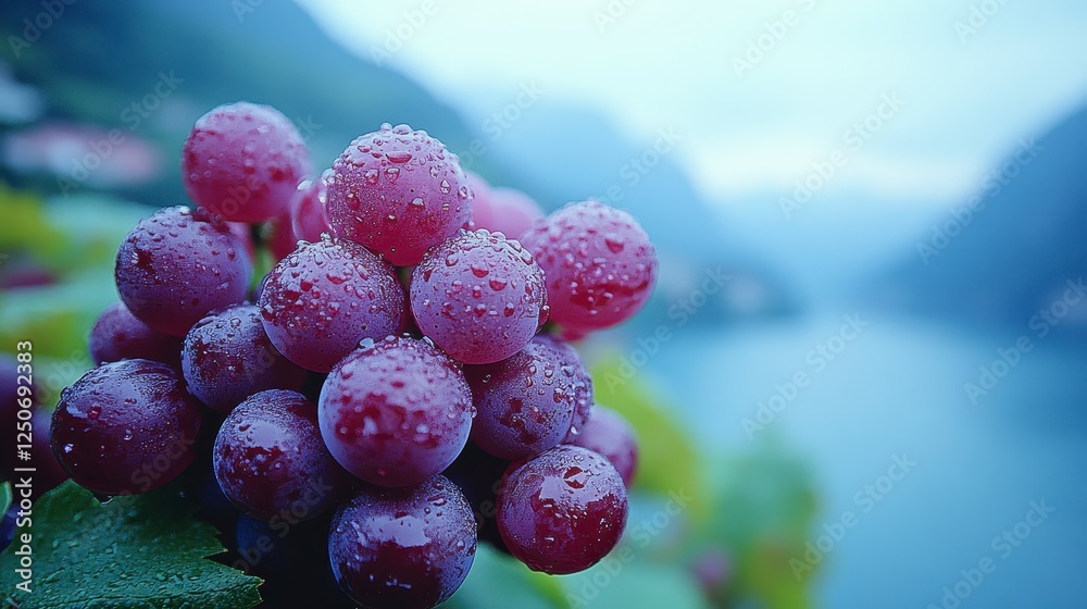 custom made wallpaper toronto digitalClose-up of red grapes with dew drops, lake and mountains in background.  Possible use Stock photo for food, travel, or nature