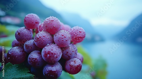 Wallpaper Mural Close-up of red grapes with dew drops, lake and mountains in background.  Possible use Stock photo for food, travel, or nature Torontodigital.ca