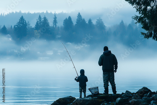 Father and son fishing together at Davn, surrounded by misty waters