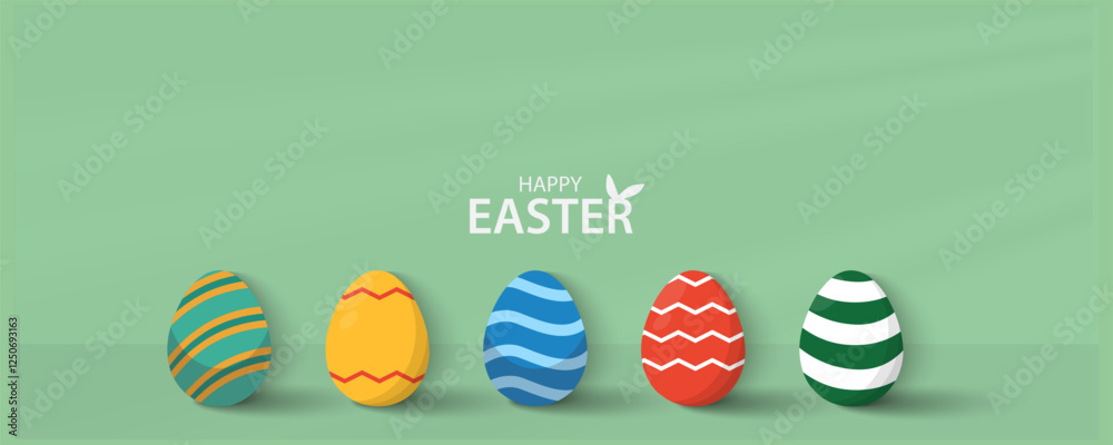 Easter Greeting card poster and banner template with Easter eggs in the nest on green, blue, yellow, white and pink background.Greetings and presents for Easter Day with copy space in flat lay styling Easter Greeting card poster and banner template with Easter eggs in the nest on green, blue, yellow, white and pink background.Greetings and presents for Easter Day with copy space in flat lay styling