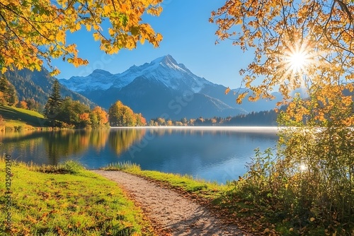 Fototapeta Naklejka Na Ścianę i Meble -  Autumnal lake path, mountain sunrise, tranquil scene