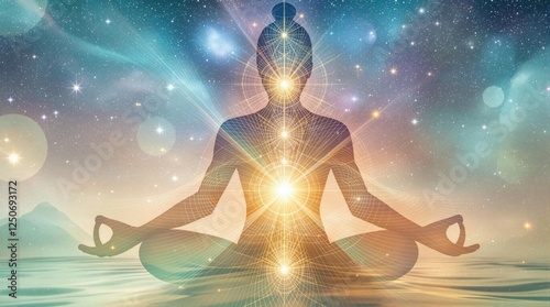 A serene silhouette in meditation against a cosmic backdrop, radiating spiritual energy. The bright glowing lights symbolize connection, tranquility, and the beauty of universal harmony.