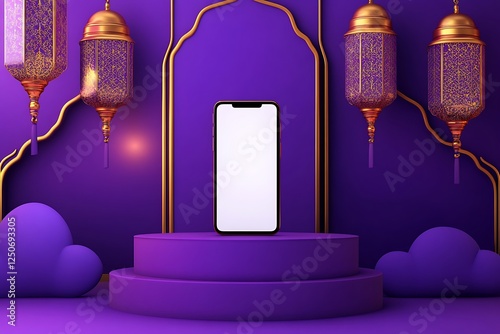 Elegant Smartphone Display Against a Festive Ramadan Background, pink mobile app mockup with abstract background 3d illustration, Empty white smartphone with creative glowing round banner and mock up 